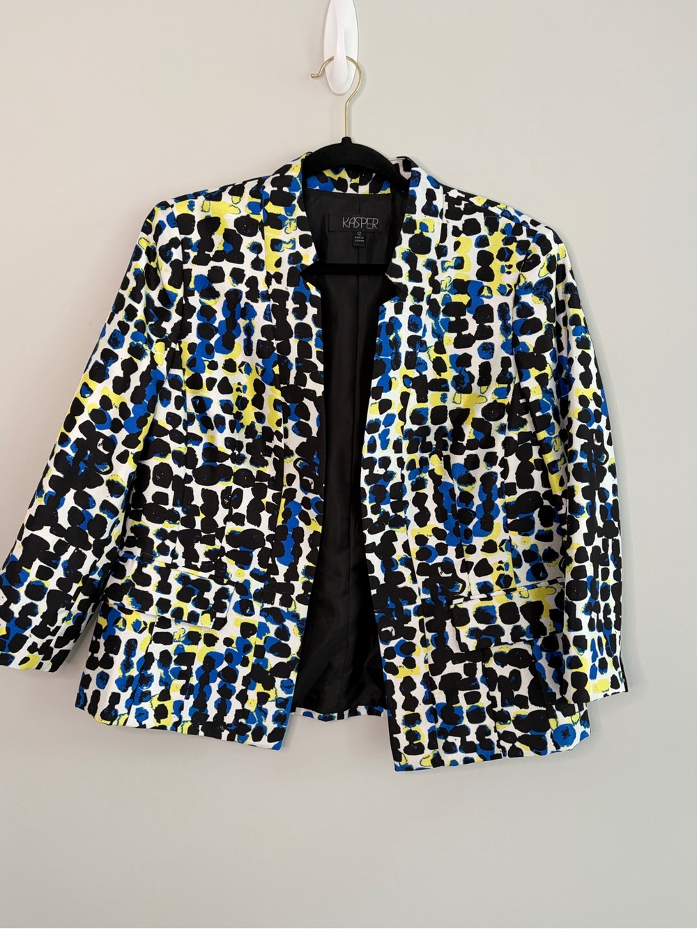 Kasper Black, Blue & Yellow Abstract Spot Open Blazer